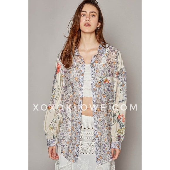 POL Lavender Cream Mixed Floral Print Button Down Shirt Oversized - Picture 3 of 14